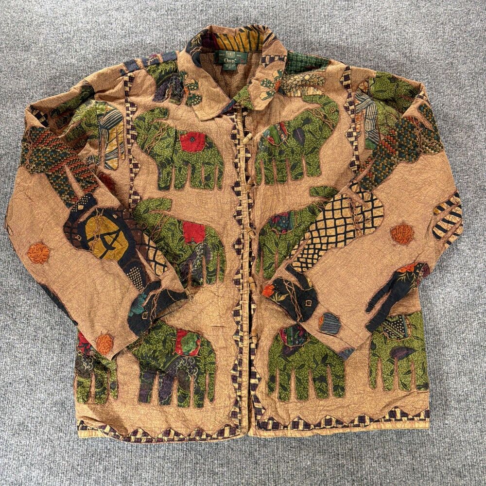 Vintage Orvis Jacket Elephants Patchwork Krinkle Boho Women's Size M